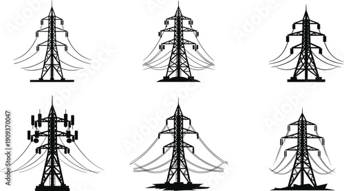 High voltage power transmission tower silhouettes, electricity infrastructure icons, energy grid engineering, industrial pylons, black and white illustration set collection