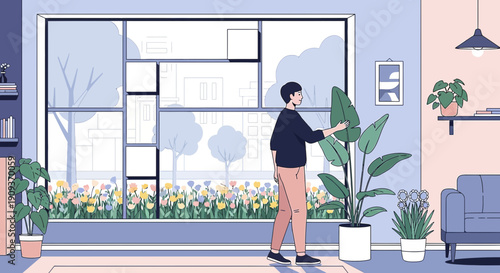 Man tending plants in a modern living room with large window view of garden