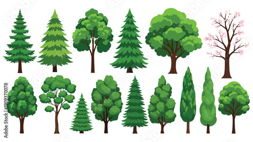 Comprehensive collection of various tree types including pines, deciduous trees, and a flowering cherry blossom is displayed.