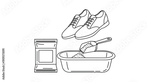 Line drawing illustrates the process of cleaning shoes with a packet of detergent and a scoop of powder being poured into a tub.