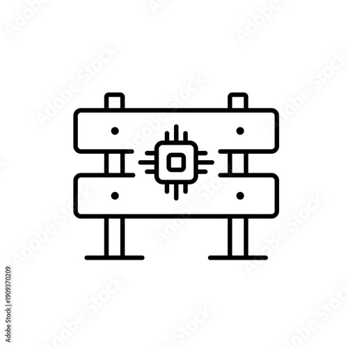A vector icon showing a guardrail structure and AI chip, representing ethical boundaries or safety controls in AI systems, created in line style with editable stroke