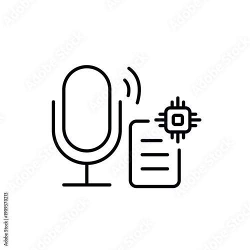 A vector icon depicting voice input and document with AI chip, symbolizing AI-based voice transcription to notes, created in line style with editable stroke