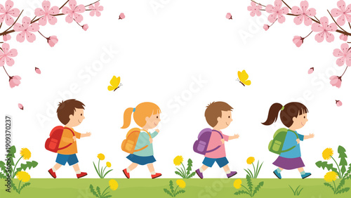 Four young children with colorful backpacks walk in a line through a field of flowers under beautiful blooming cherry blossoms.