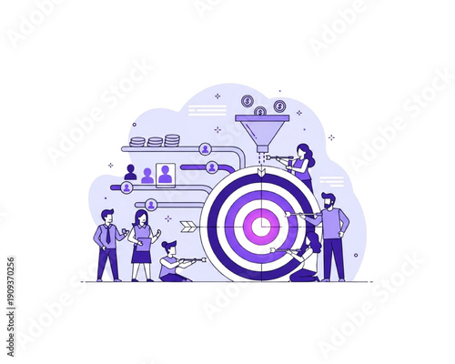 Sales funnel and target marketing strategy. Business team aiming at bullseye with arrows. Customer lead generation and conversion process. Revenue growth. Purple flat vector illustration.