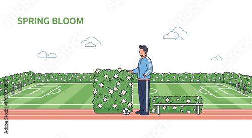 Man tending to blooming bushes on a soccer field during spring