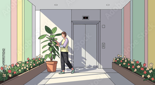 Man tending to large potted plant in colorful hallway with blooming flowers