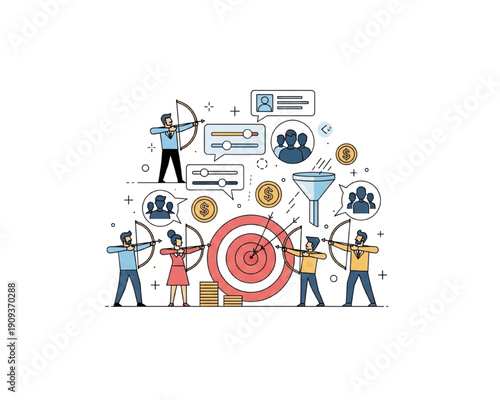 Target audience marketing concept with archery team aiming at bullseye, sales funnel and customer segmentation icons, lead generation and ROI strategy, business goal flat vector illustration