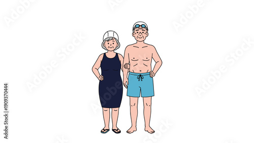 Active senior couple stands together in their swimwear with a swim cap and goggles, ready for their exercise in the pool.