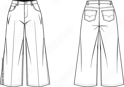 High Waisted Wide Leg Flare Jeans Technical Sketch Vector, Women’s Denim Trousers Fashion Flat Representation, Front and Back View Illustration