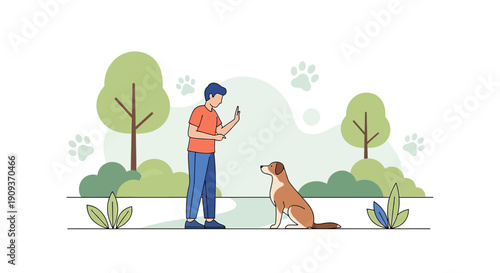 Man Training Dog in Park with Paw Prints and Trees Illustration