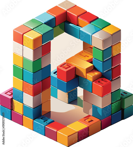 A vibrant arrangement of colorful toy building blocks forms the letter R against a clean white background. The blocks, in various primary and secondary colors like orange, blue, green, yellow, red, an