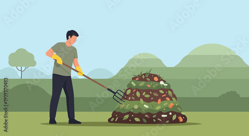 Man Turning Compost Pile with Pitchfork, Sustainable Gardening, Eco-Friendly Waste Management