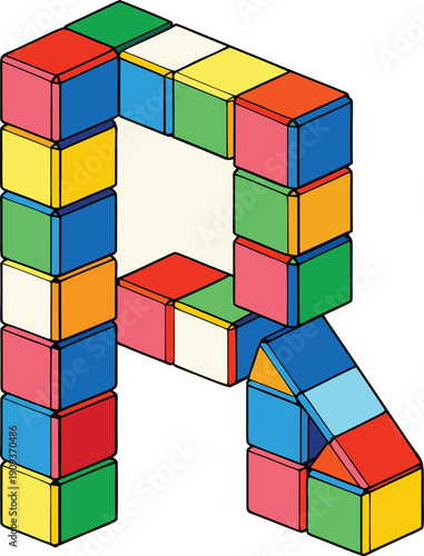 A vibrant arrangement of colorful toy building blocks forms the letter R against a clean white background. The blocks, in various primary and secondary colors like orange, blue, green, yellow, red, an