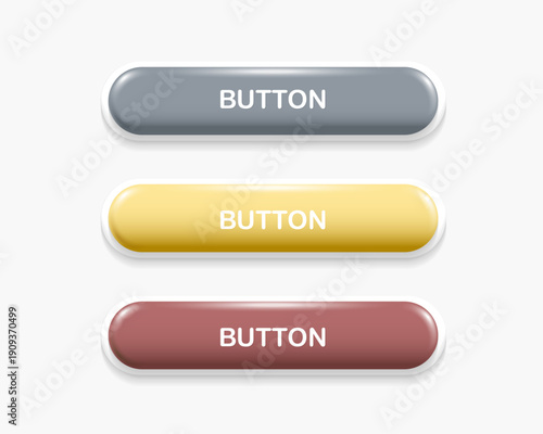 Set of blank 3D glossy buttons in various colors. Minimal web menu bars and UI elements for website navigation, app interface, and call to action. Vector illustration isolated on white background.