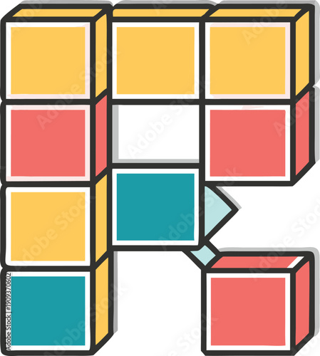 A vibrant arrangement of colorful toy building blocks forms the letter R against a clean white background. The blocks, in various primary and secondary colors like orange, blue, green, yellow, red, an