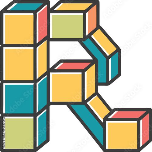A vibrant arrangement of colorful toy building blocks forms the letter R against a clean white background. The blocks, in various primary and secondary colors like orange, blue, green, yellow, red, an