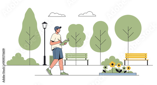 Man Walking in Park with Clipboard, Nature, Trees, Benches, Flowers, Illustration