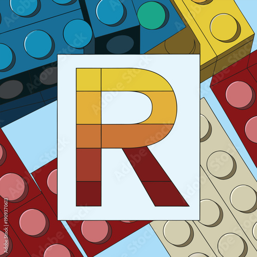 A vibrant arrangement of colorful toy building blocks forms the letter R against a clean white background. The blocks, in various primary and secondary colors like orange, blue, green, yellow, red, an