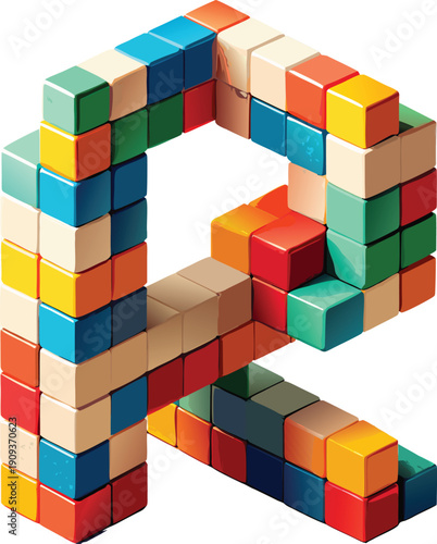 A vibrant arrangement of colorful toy building blocks forms the letter R against a clean white background. The blocks, in various primary and secondary colors like orange, blue, green, yellow, red, an