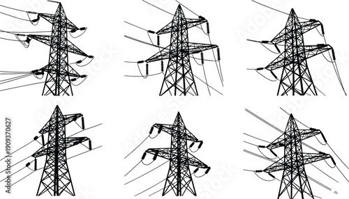High-voltage transmission tower, powerline infrastructure, electrical grid, energy distribution, pylon silhouette, insulators, industrial design, utility structure, engineering, electricity