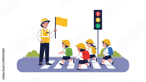 Crossing guard holding a yellow flag while helping primary school children wearing yellow hats and backpacks cross a street safely.