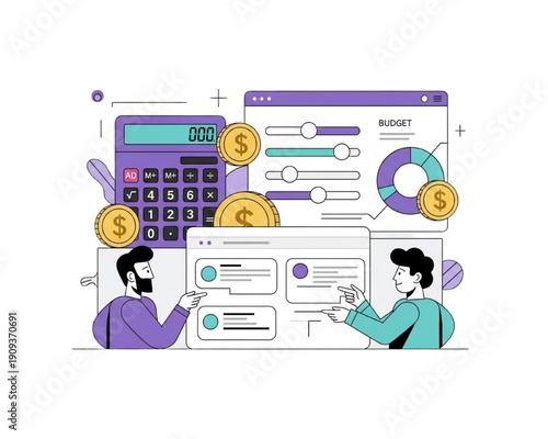 Financial budget planning and cost estimation. Team calculating expenses with calculator, dollar coins and data charts. Business accounting concept flat vector illustration.