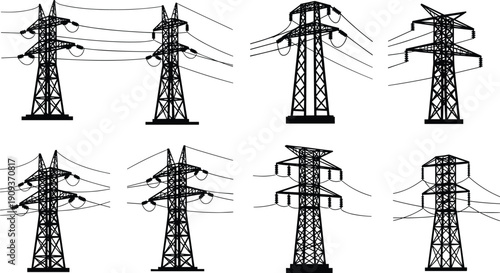 High-voltage transmission towers, electricity pylons, power grid infrastructure, silhouette designs, energy distribution, engineering structures, overhead lines, utility poles, rural landscape