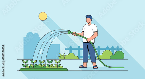 Man watering plants in garden with hose, sunny day, summer outdoor activity