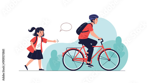 Young schoolgirl calling out and reaching for a boy riding away on a red bicycle through a park area with green bushes.