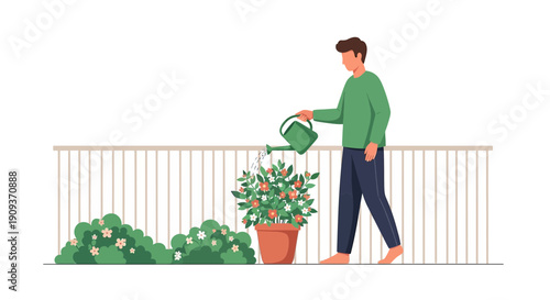 Man watering potted plant on balcony with spring flowers and green bushes