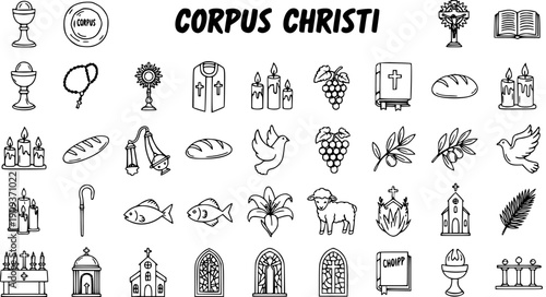 Christian Religious Symbols Line Art Collection. Hand-drawn Catholic and Christian Doodle Icons for Faith, Worship, and Holy Communion