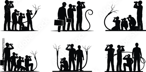 Human and monkey silhouette, binoculars scene, conceptual vector, observation metaphor, evolution theme, surreal tree, curiosity art, black illustration