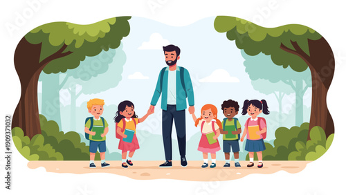Male teacher leading a diverse group of young students through a lush green forest path during an educational nature field trip.