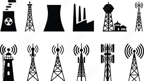 Industrial power plant and communication tower silhouettes set, nuclear station, factory building, lighthouse, radio antenna, wireless signal icons, infrastructure vector collection