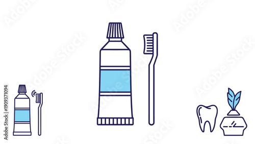Minimalist icons representing dental hygiene including toothpaste tubes, toothbrushes, a tooth, and a dental rinse bottle for healthcare.