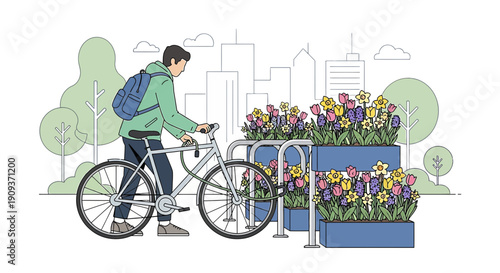 Man with Bicycle and Spring Flowers in City Park