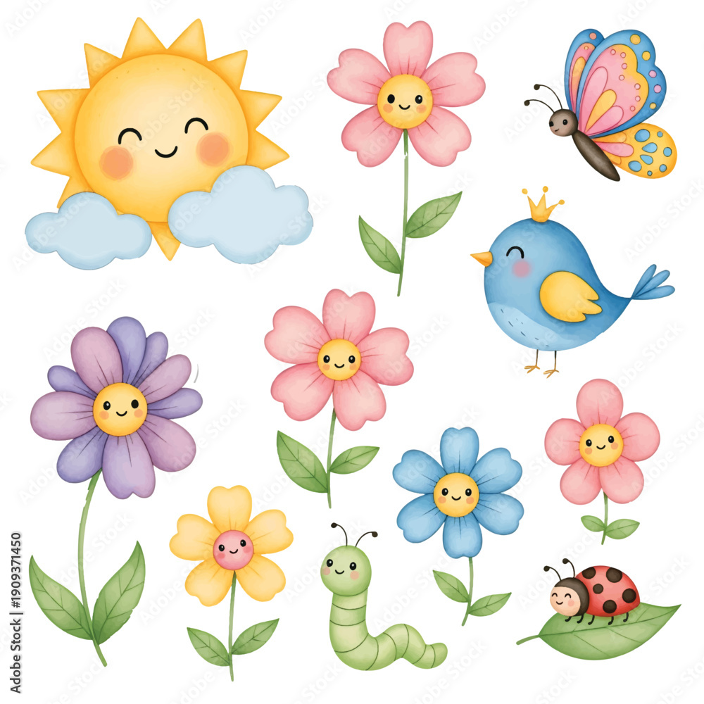 Obraz premium Birds and flowers colorful cartoon nature pattern illustration
