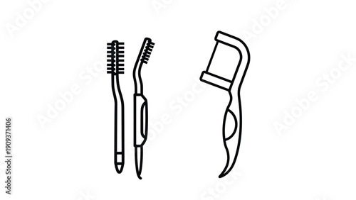 Black and white line icons of interdental brushes and a dental floss pick for thorough teeth cleaning and oral health maintenance.