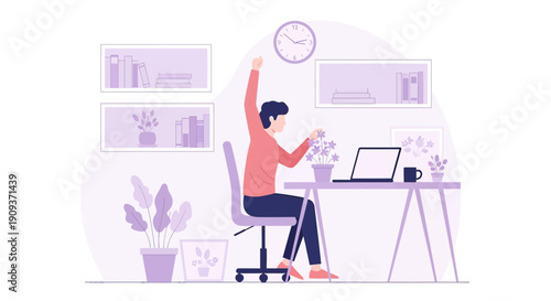 Man working from home, watering plants at desk with laptop, feeling accomplished