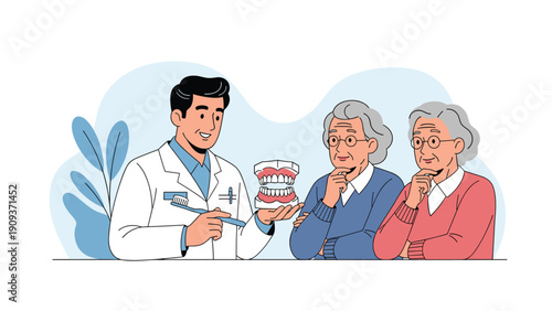 Male dentist holding a denture model and a toothbrush while teaching dental hygiene practices to two attentive elderly women.
