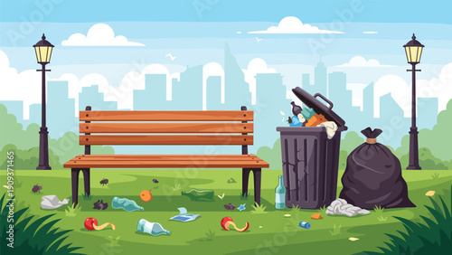 City park scene with a wooden bench, overflowing trash can, and scattered litter on the grass under a clear sky.