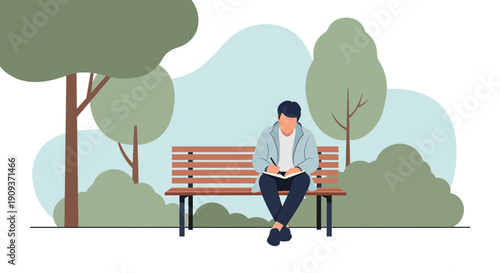 Man Writing in Notebook on Park Bench Surrounded by Greenery