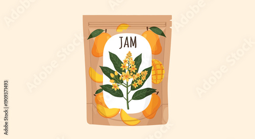 Mango Jam Packaging Design with Tropical Fruit and Botanical Illustration