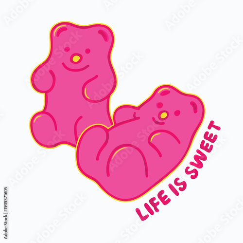 Two cheerful bright pink gummy bear candies depicted in a playful cartoon style illustration embodying sweetness and joy alongside the slogan life is sweet.