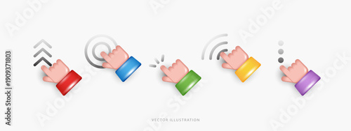 3D Vector Colorful Hand Gestures Set, Vibrant Human Finger Pointing and Clicking Icons with Swipe, Tap, Scroll and Touch Screen Interaction Symbols for Mobile App UI UX Design on White Background.