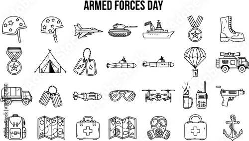 Hand-drawn Armed Forces Day Line Art Icon Set. Military Equipment and Army Doodle Vector Graphics Collection.