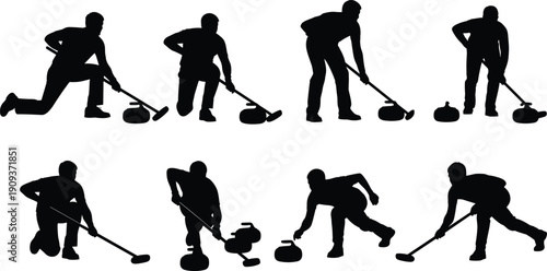 Curling Athlete Sport Winter Game Ice Player Silhouette Action Motion Olympic Competition Training Team Vector Illustration Set Collection