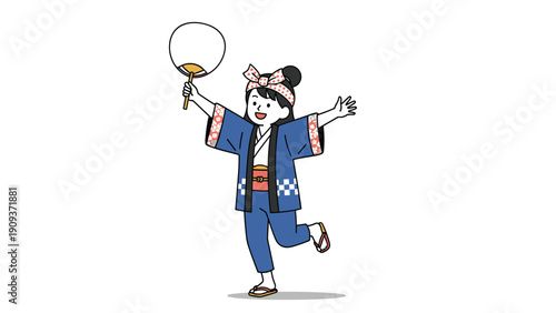 Young Japanese girl happily dancing in traditional festival clothing called happi and holding a paper fan at a summer festival.