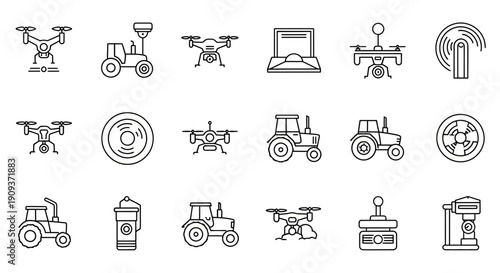 Smart Farming Icons: Drones, Tractors, Laptop, Controller, Coffee Cup, GPS