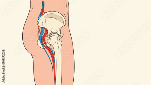 Detailed anatomical illustration of the human hip joint, pelvis, and femur with major blood vessels and nerves.